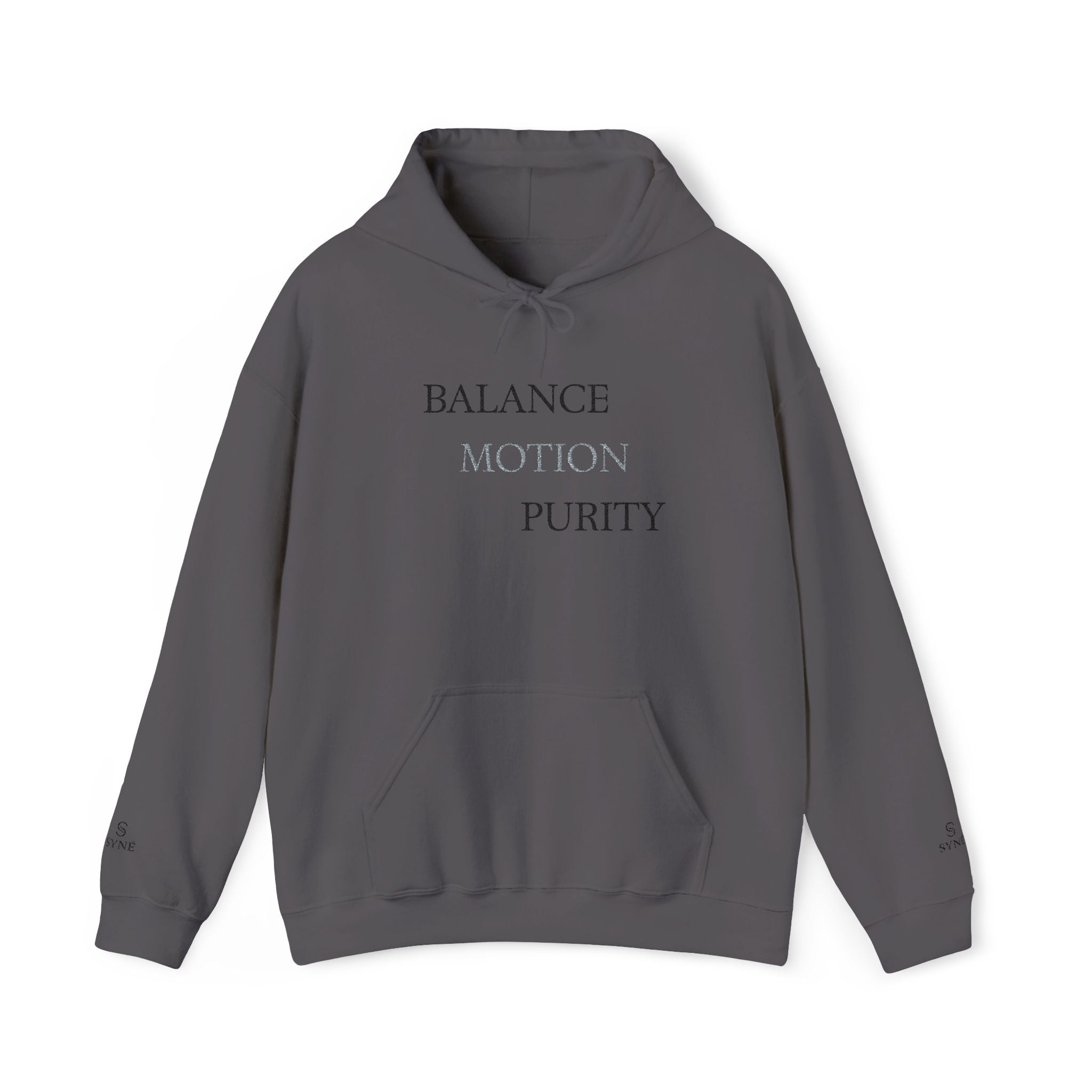 Balance Motion Purity Hoodie | Minimal Text Graphic Sweatshirt