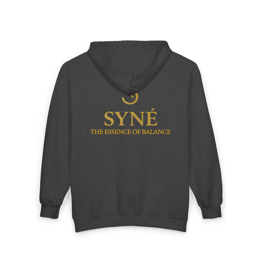 SYNÉ logo zip hoodie | black gold emblem, The Essence of Balance