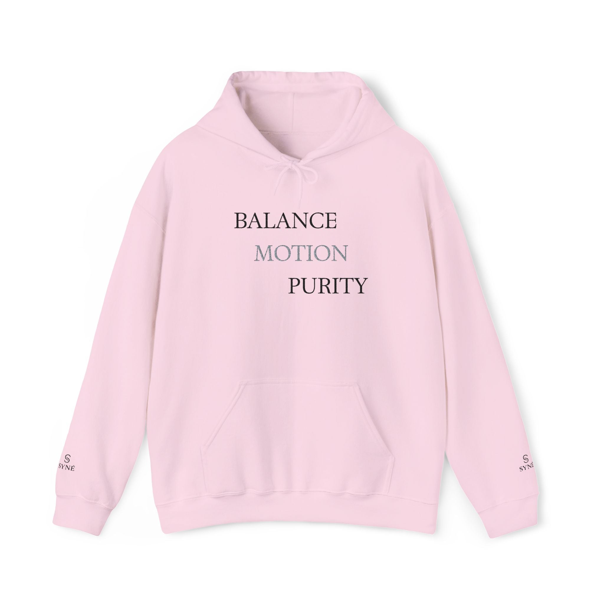 Balance Motion Purity Hoodie | Minimal Text Graphic Sweatshirt