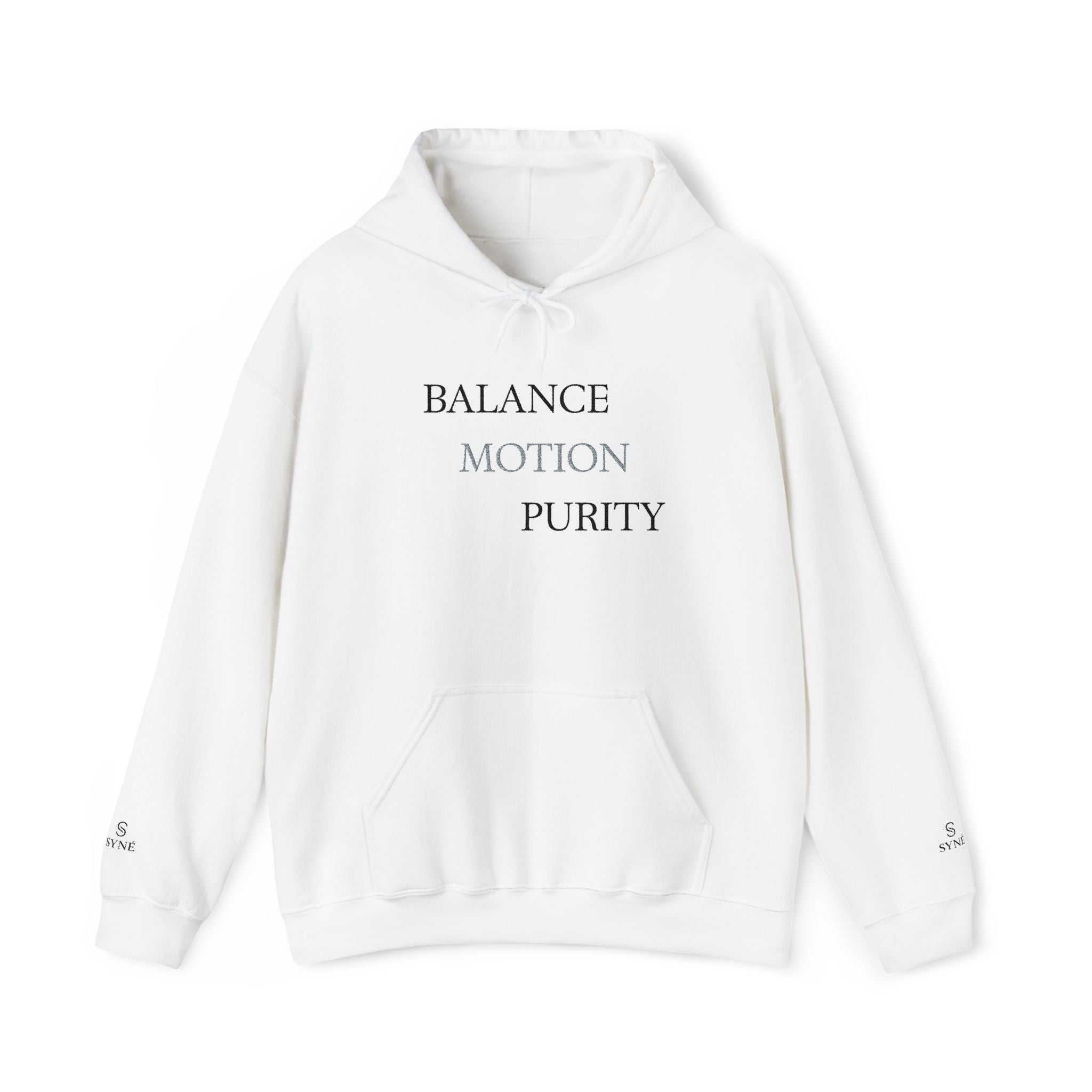 Balance Motion Purity Hoodie | Minimal Text Graphic Sweatshirt