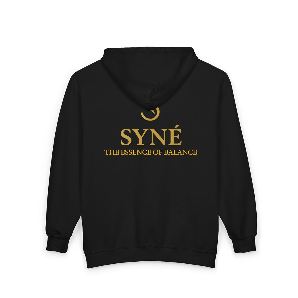 SYNÉ logo zip hoodie | black gold emblem, The Essence of Balance